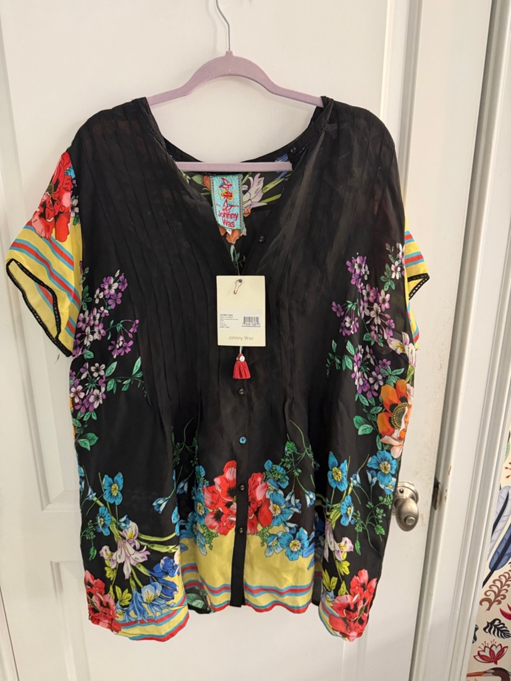 Johnny Was Black Floral Button-Front Short Sleeve Tunic with Multicolor Trim